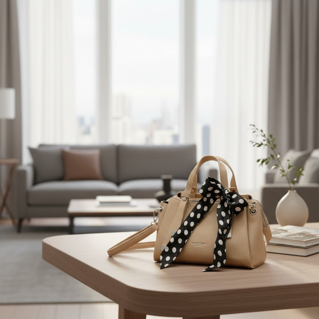 Beige mini handbag with black and white polka dot scarf tied at the handle