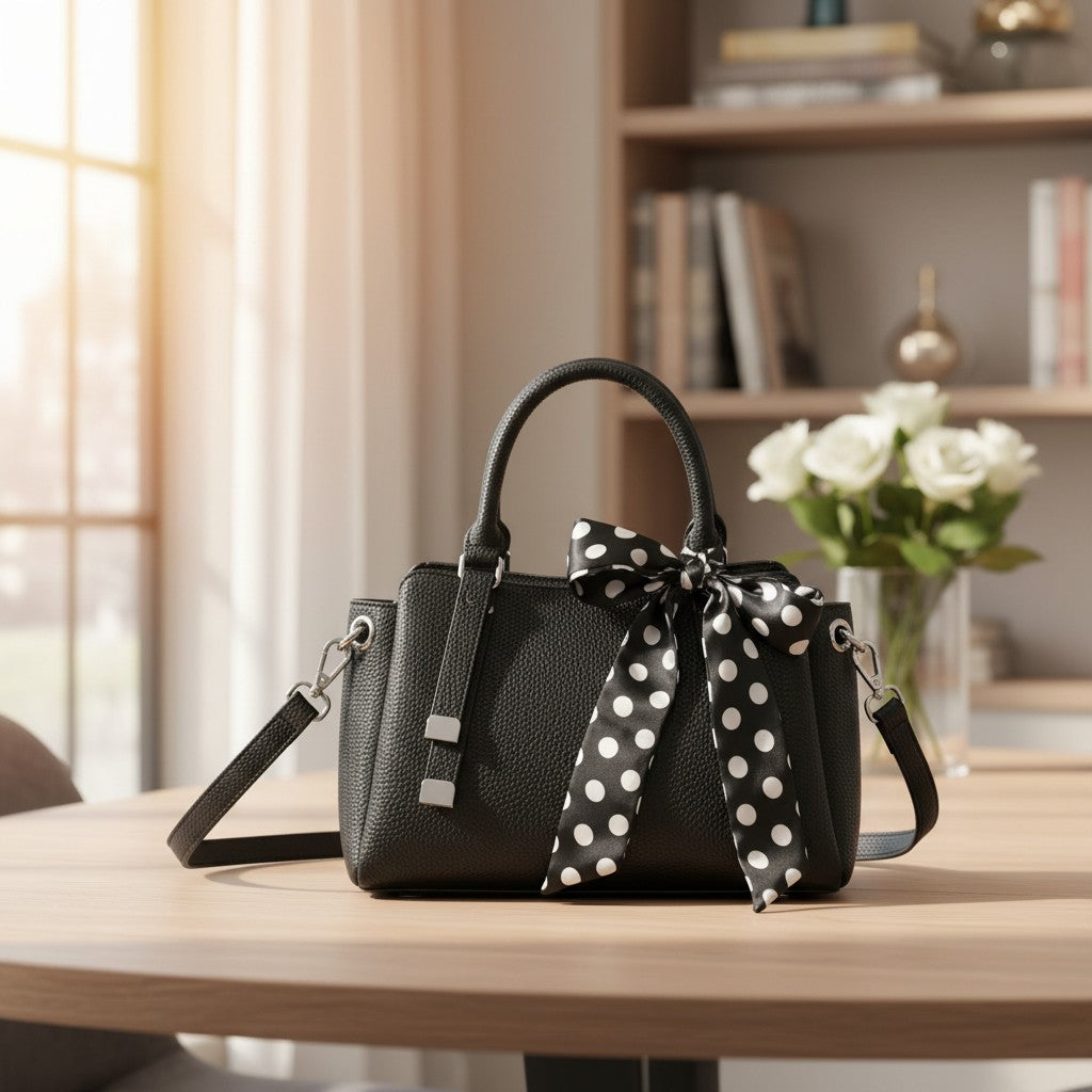 Black pebbled mini handbag with white polka dot scarf bow and silver hardware