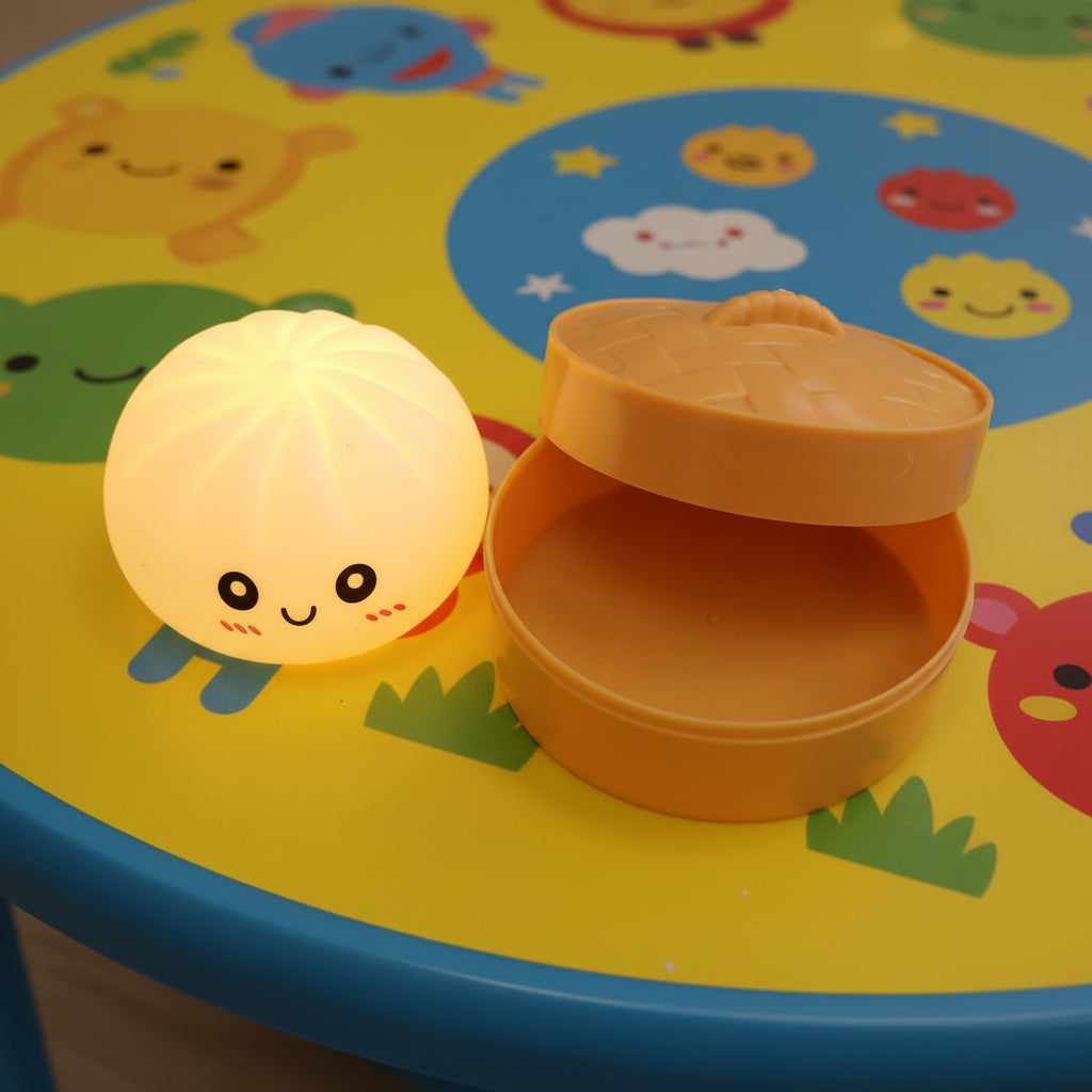 Glowing dumpling toy with a smiling face beside its open steamer basket case on a colorful play table