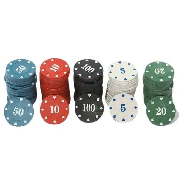 Five stacks of poker chips marked 5, 10, 20, 50 and 100 with suit symbols round the rim