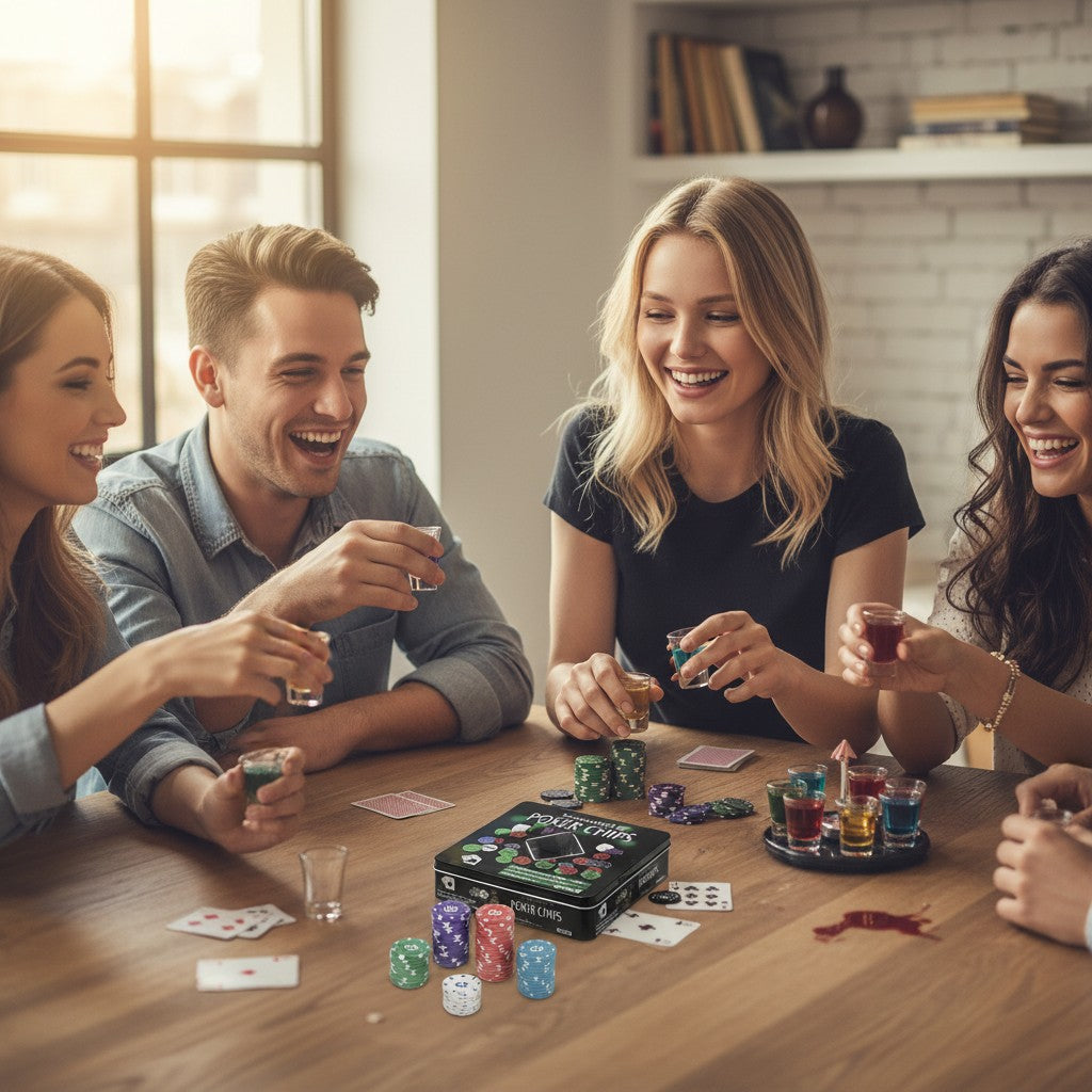 Friends playing poker at a table with the chip tin, loose chips and playing cards
