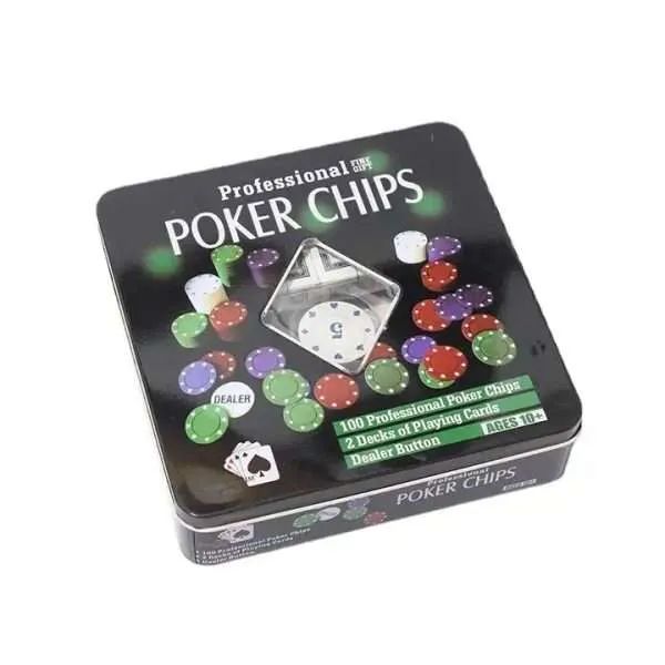 Closed poker chip tin with a diamond window in the lid and a dealer button graphic