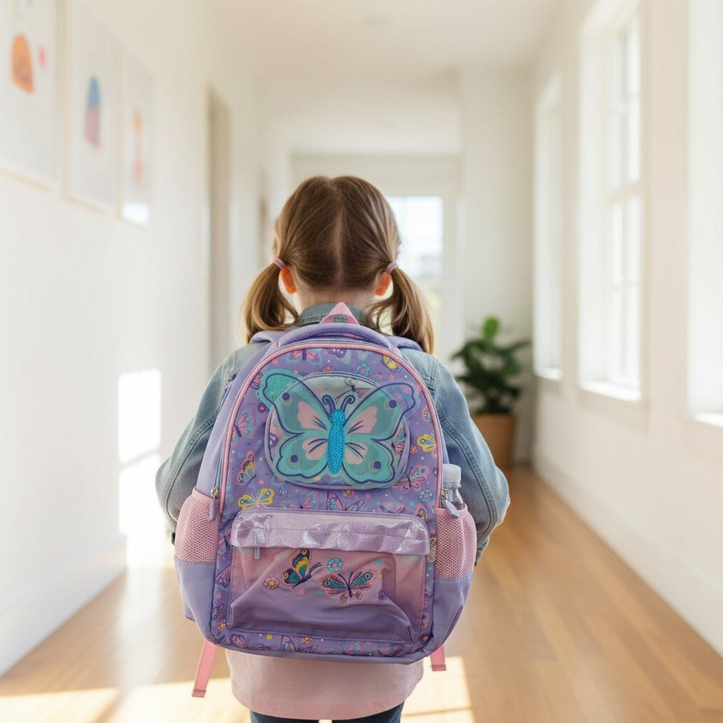 Girl wearing a purple butterfly school backpack in a corridor – Jack Gifts Online Lebanon