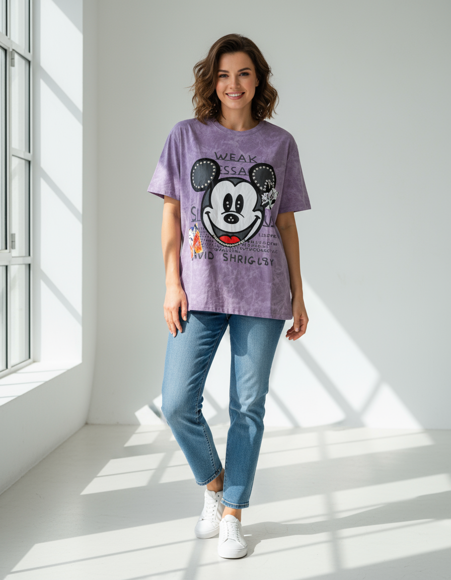 Woman wearing a purple tshirt with a cartoon character design in a bright room