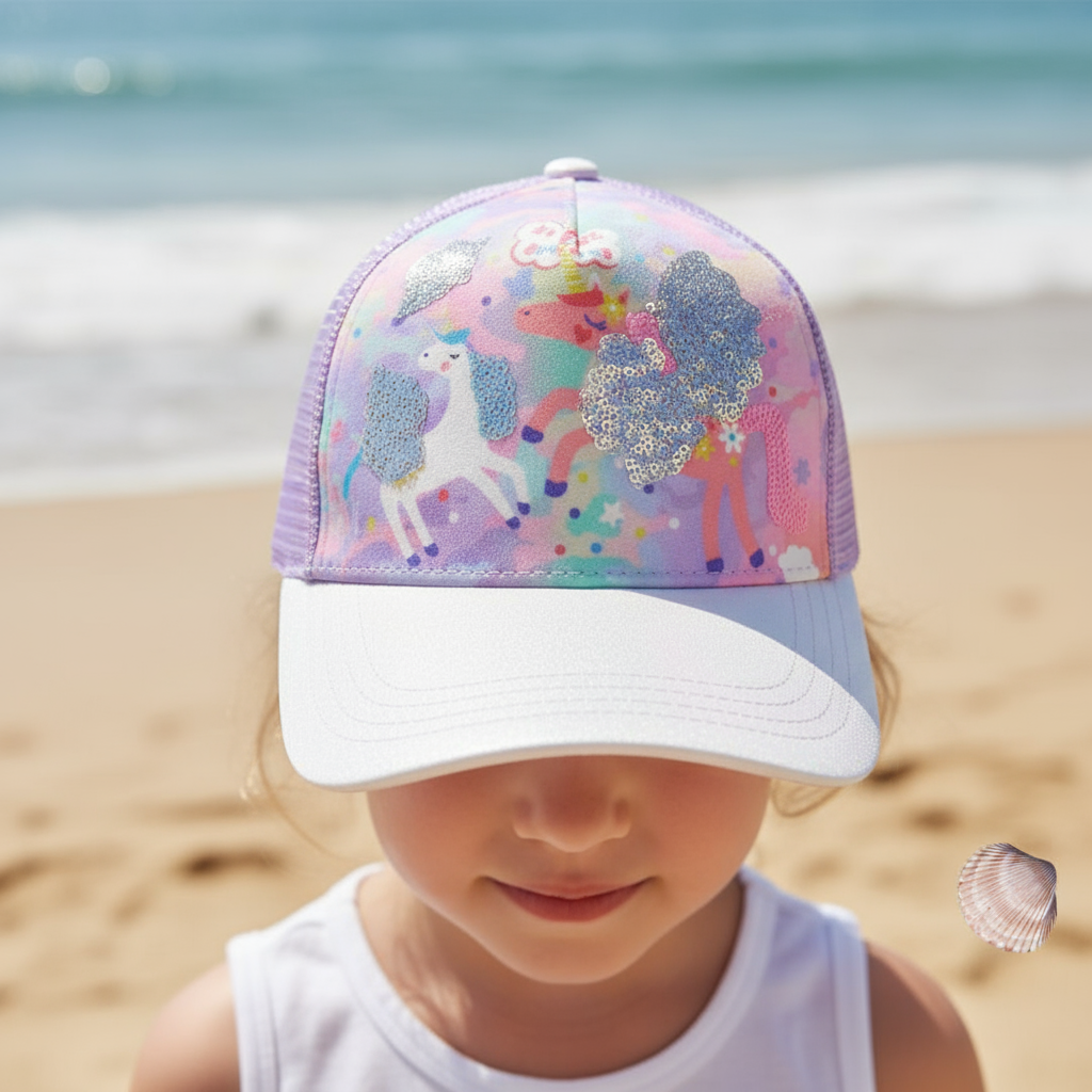 Girl wearing a lilac kids cap with a sequin unicorn, rainbow print and a white glitter brim