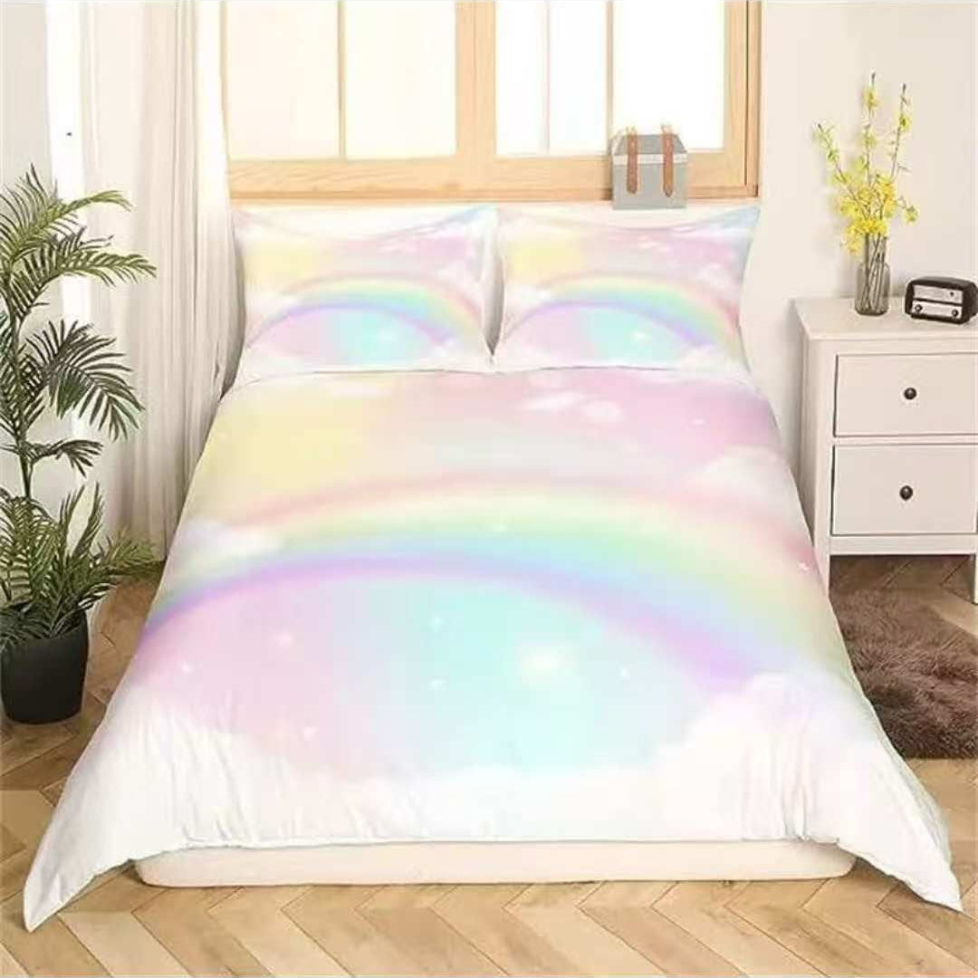 Pastel rainbow and cloud bedding set for girls with matching pillowcases