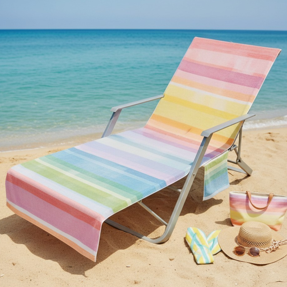 A pastel striped beach lounge towel on a chair on a sandy beach with the ocean in the background.