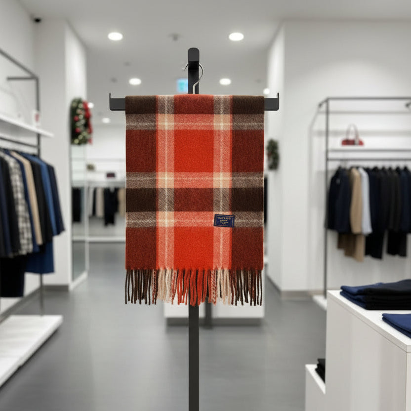 Red plaid scarf on a clothing rack in a store setting