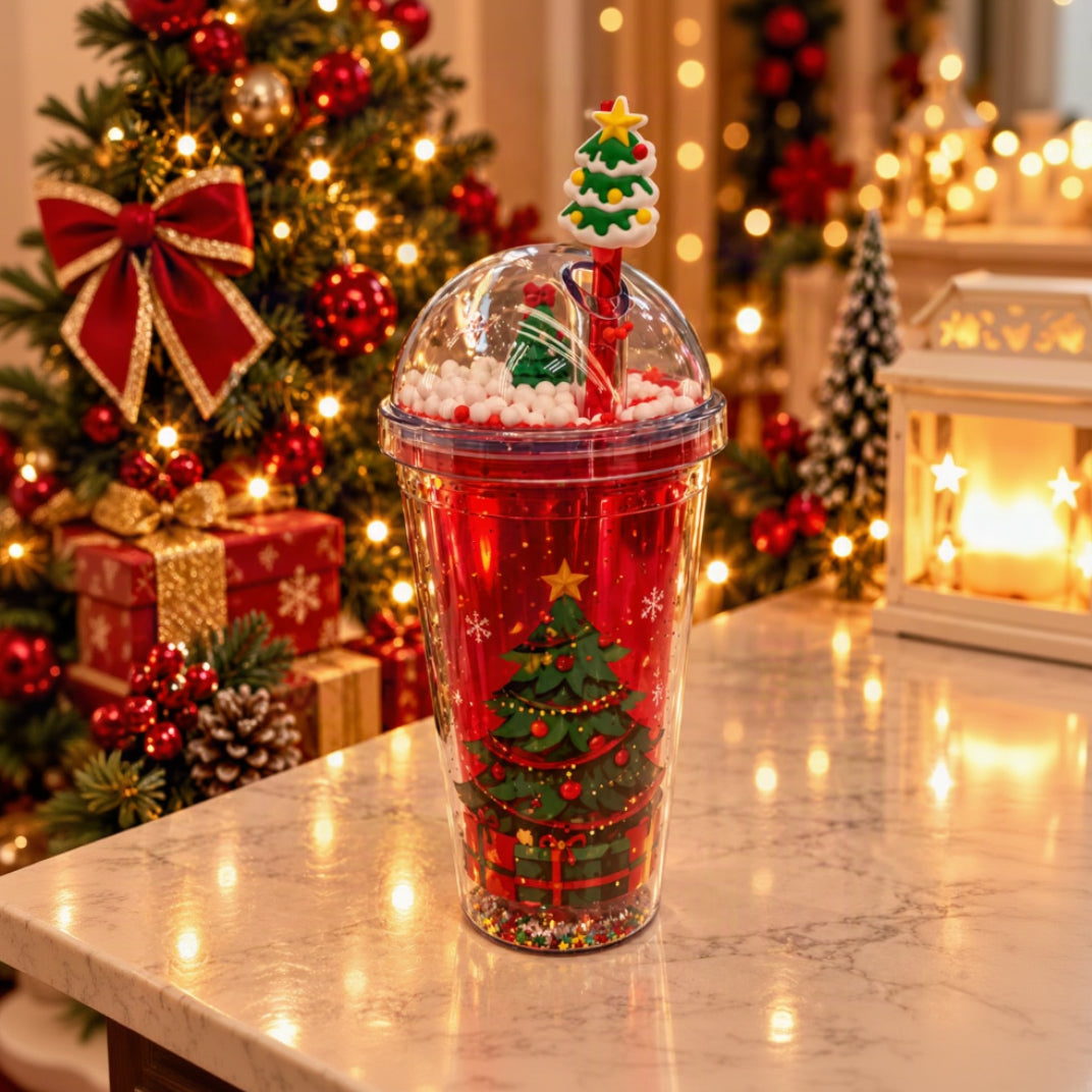 Red dome lid straw cup with a Christmas tree print, white beads and a tree straw topper