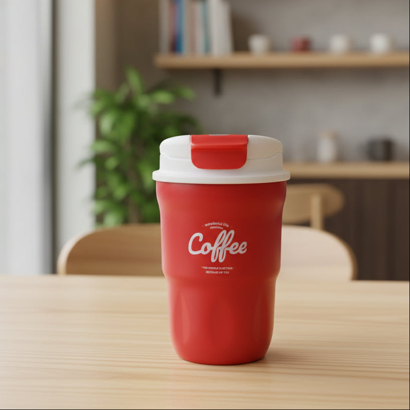 Red coffee cup with a white lid on a white surface, with a blurred background of folded clothes.