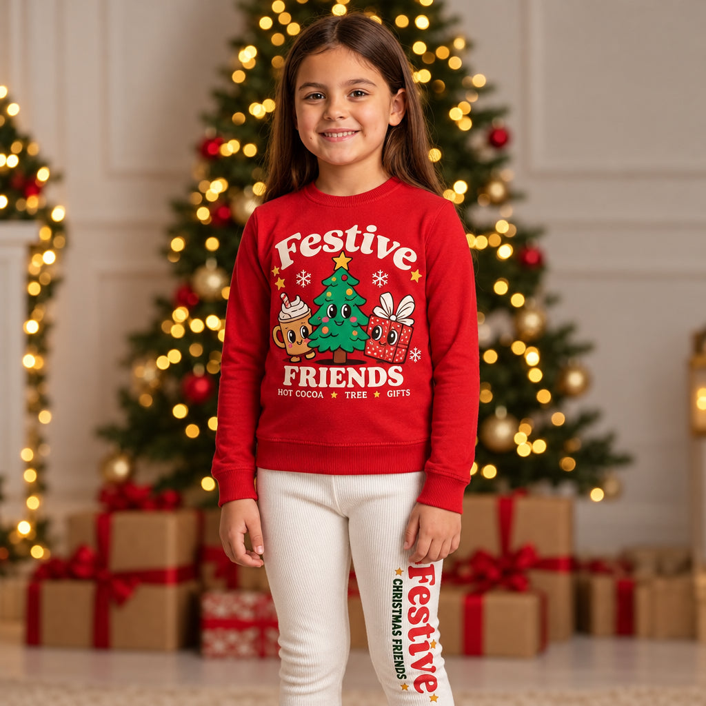 Red Christmas sweatshirt and cream leggings set worn in front of a lit tree and gifts
