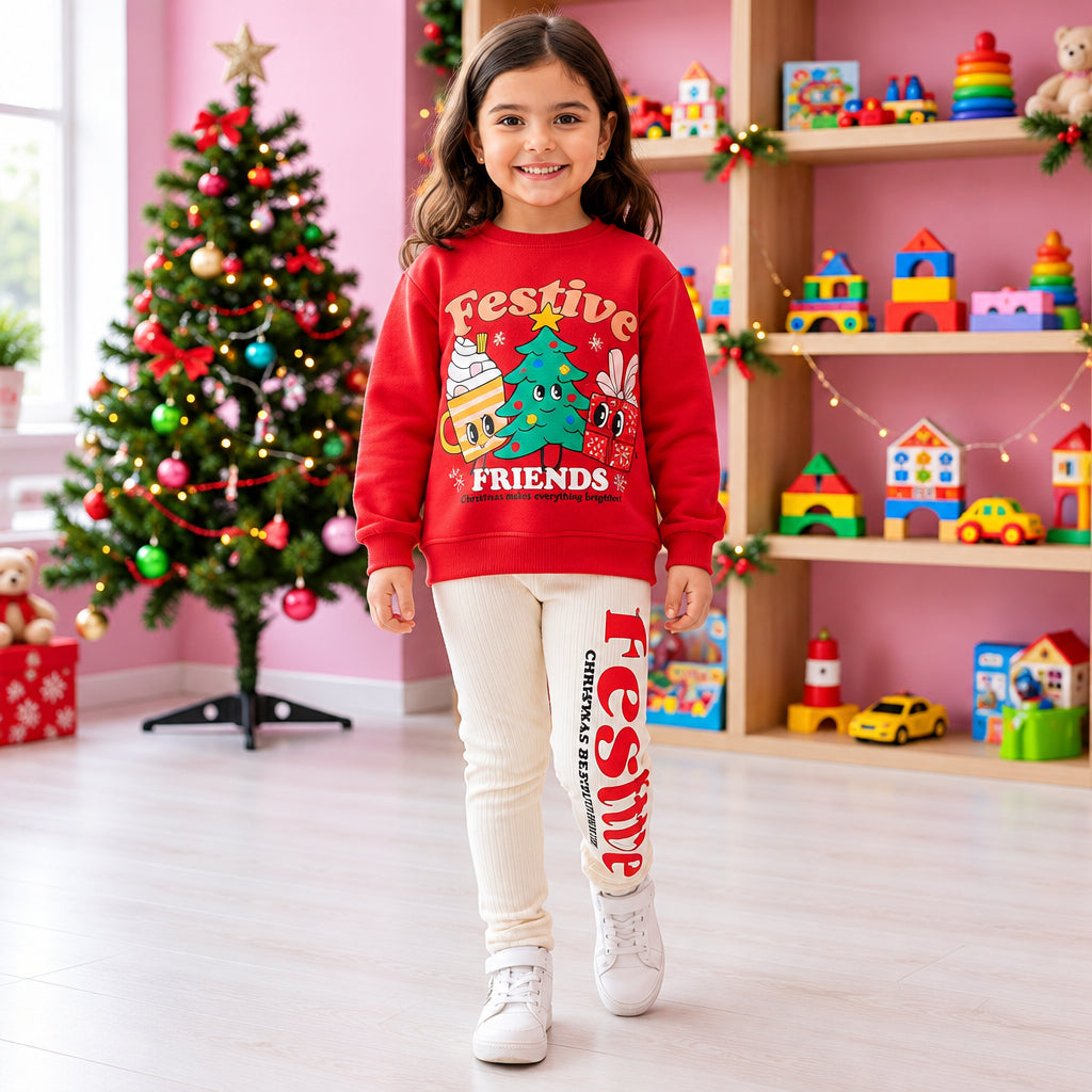 Girl in a red Festive Friends Christmas sweatshirt with cream lettered leggings in a playroom
