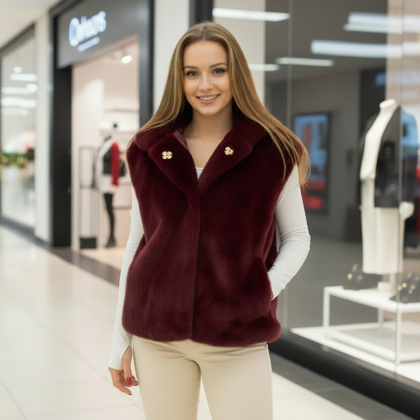 Burgundy faux fur vest worn in a shopping mall