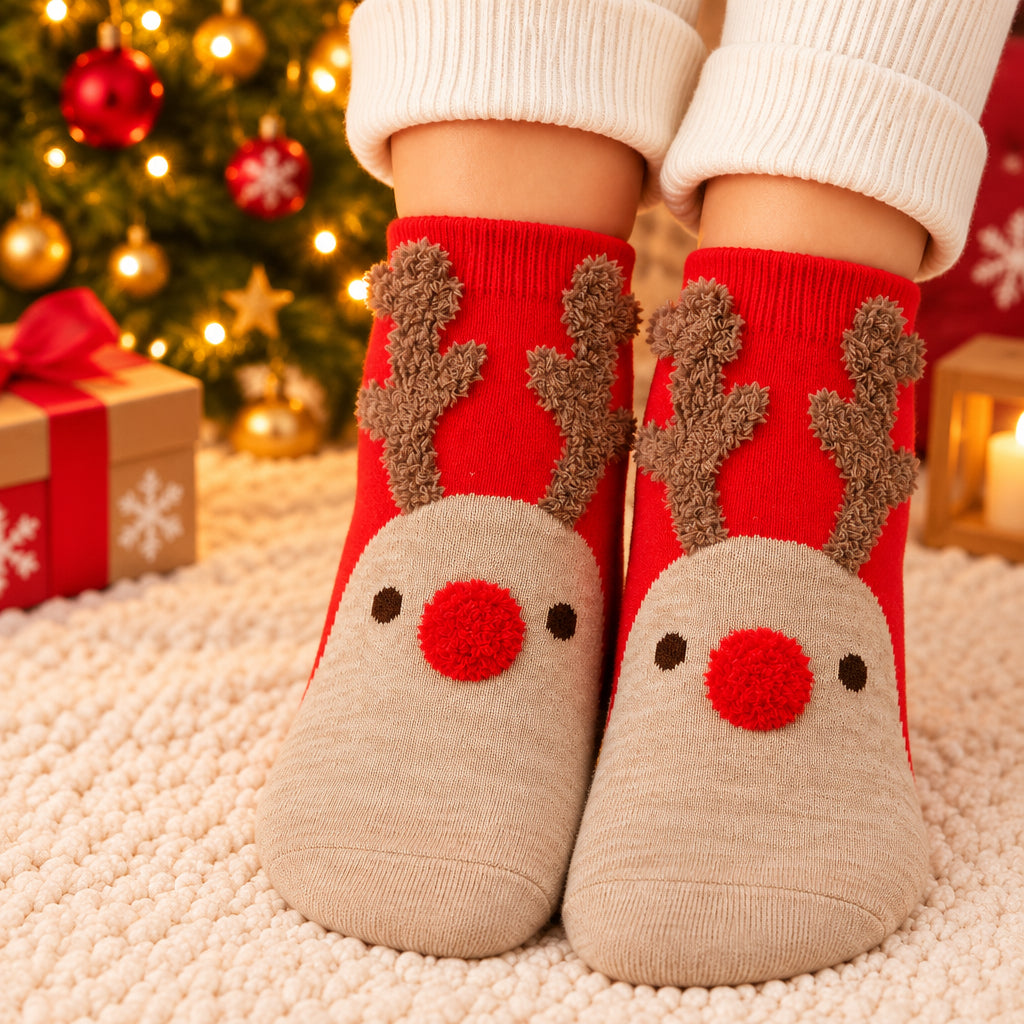 Red and beige reindeer Christmas socks with fuzzy brown antlers and a red pom pom nose