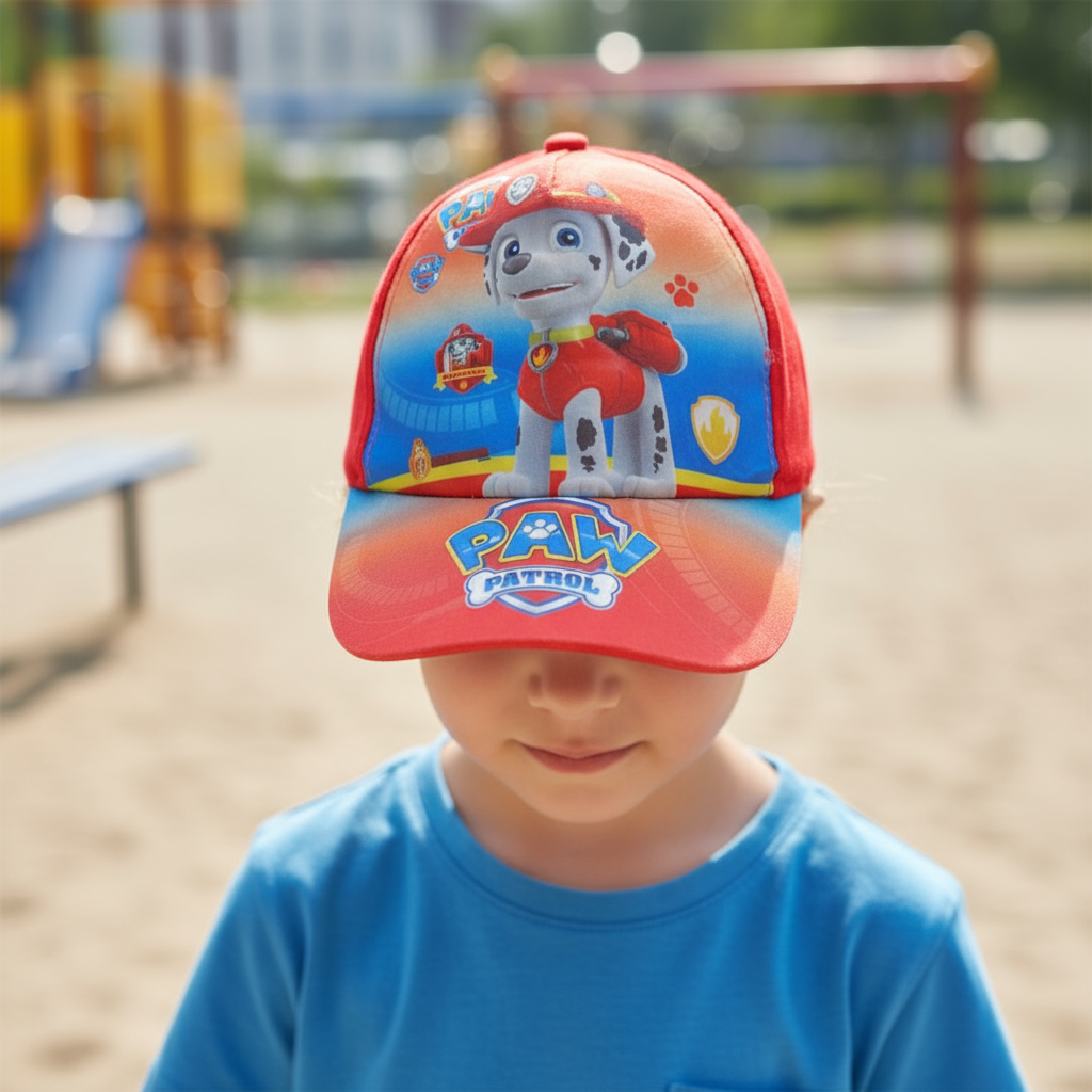 Red kids cap showing a dalmatian firefighter pup, worn at a playground