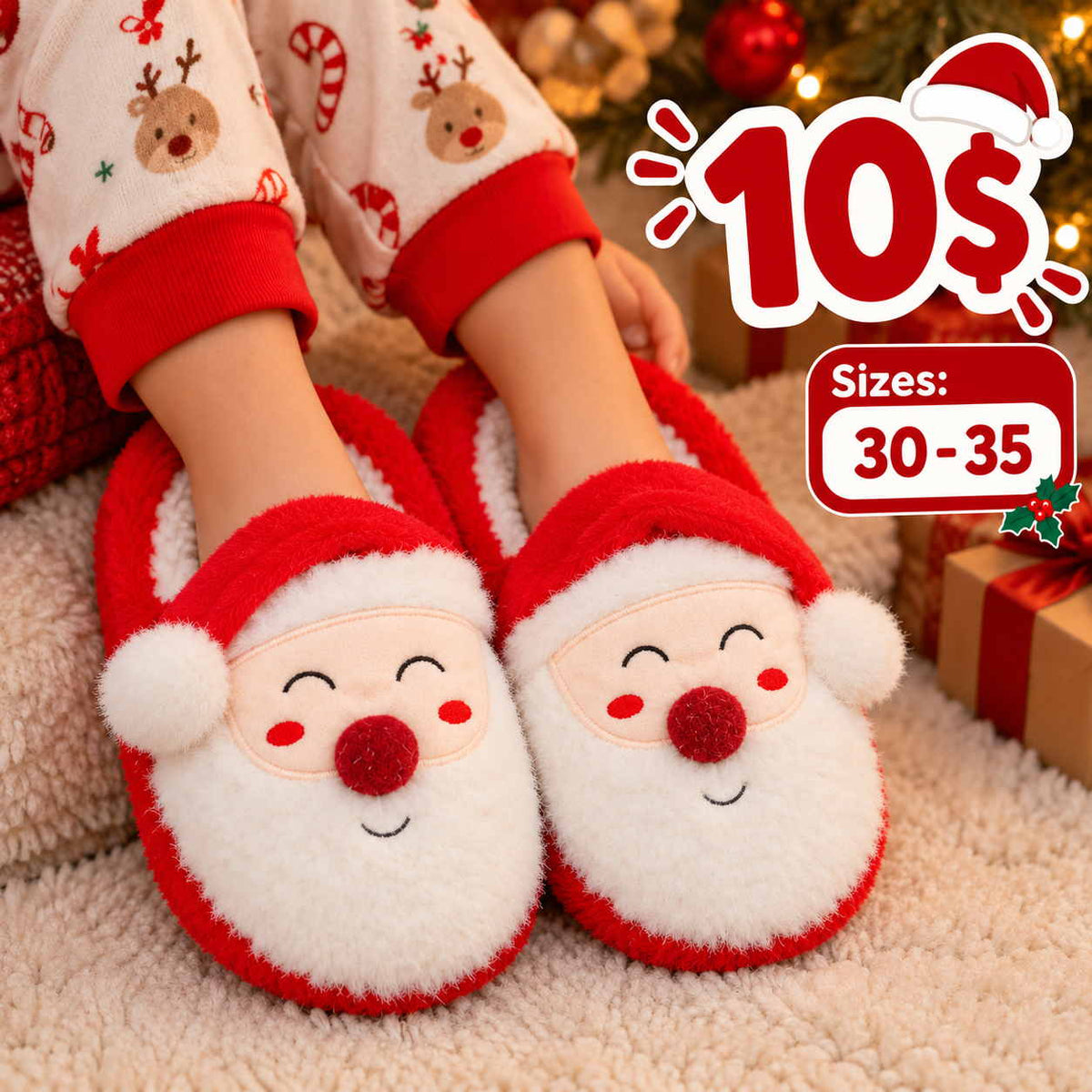 Bright red kids slippers with fluffy white Santa beards and pom pom noses beside wrapped gifts