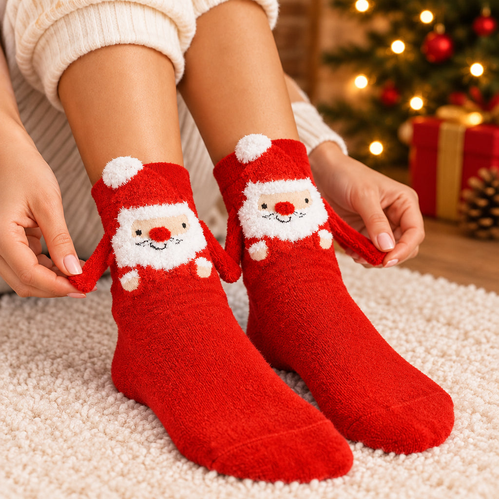 Red Christmas socks with a fluffy Santa face and red plush arms held by the hands