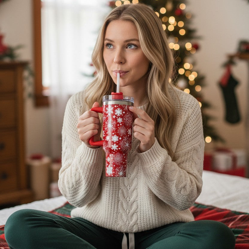 Red insulated tumbler with white snowflake print, red handle and straw held in both hands