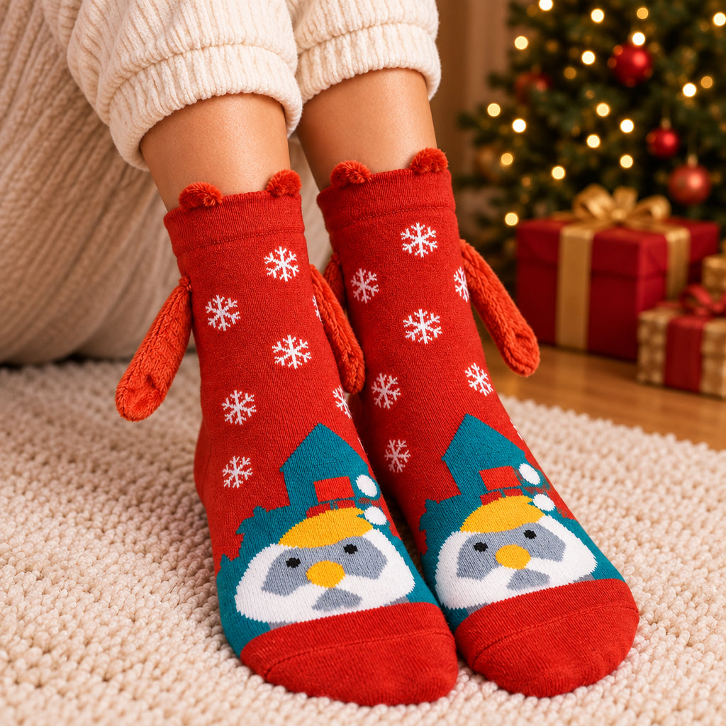 Red snowflake Christmas socks with a penguin on the foot and red plush arms at the sides