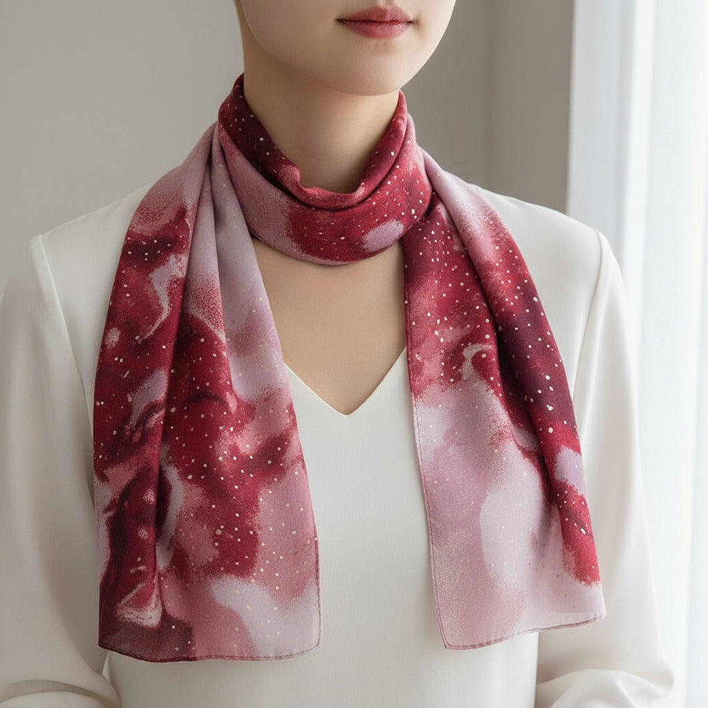 Person wearing a red sparkly scarf with a neutral background