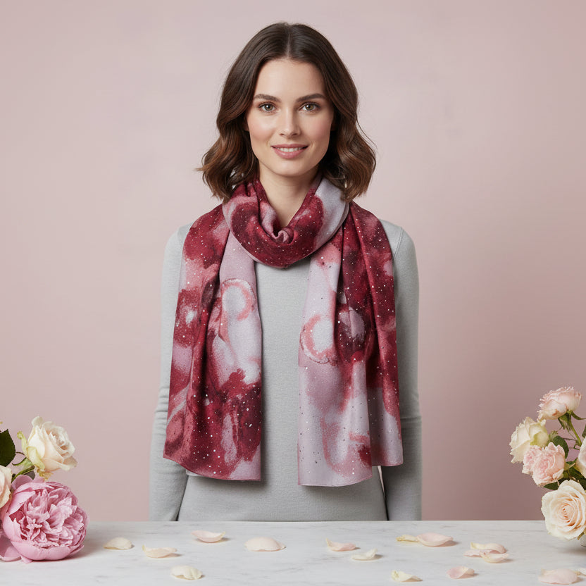 Woman wearing a red and white patterned scarf on a light pink background