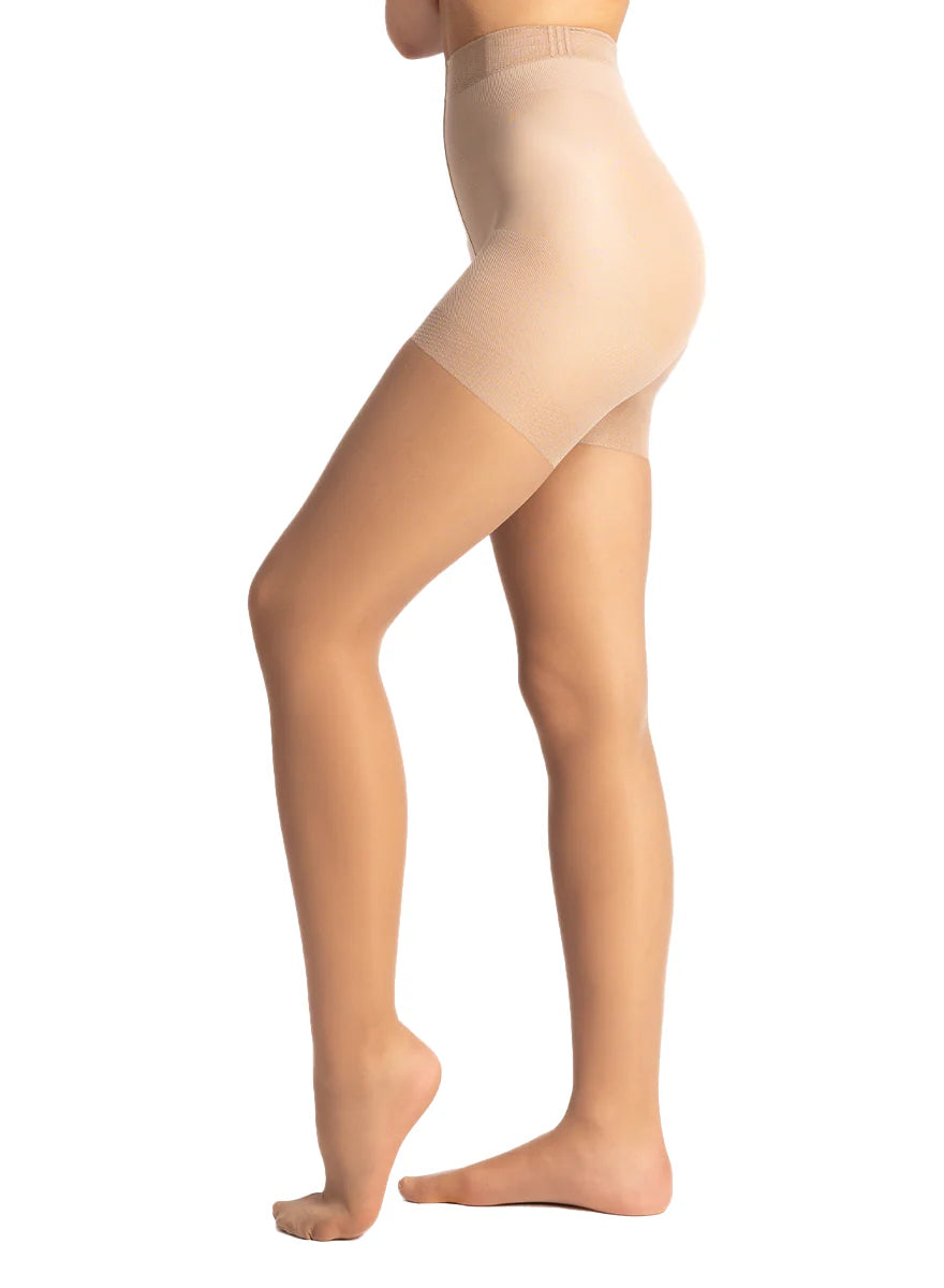 Camel sheer tights seen from the side showing the smooth shaping panty