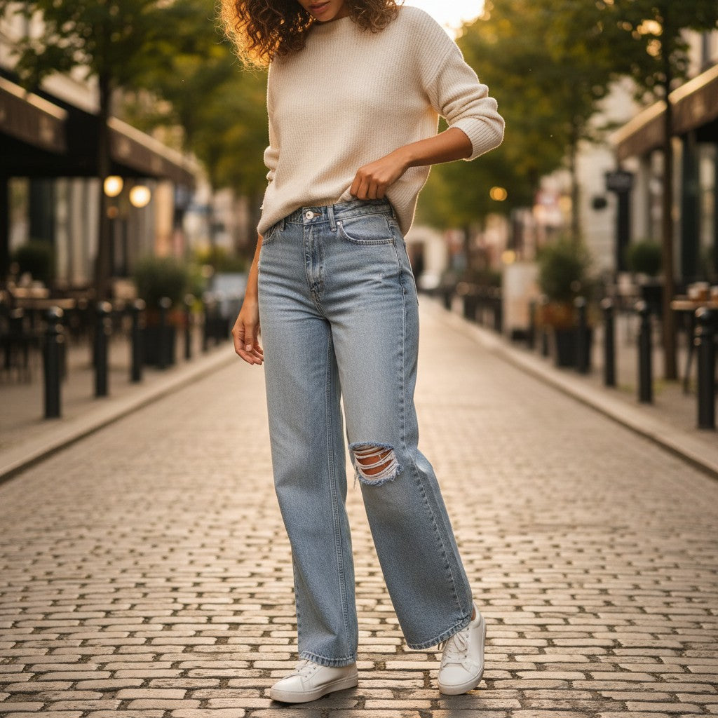 Woman standing outside wearing light blue ripped jeans on stony pavement