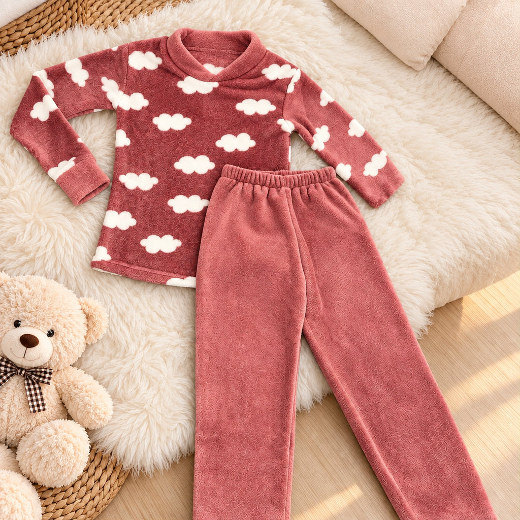 Flat lay of a rose fleece pyjama top with white clouds and matching trousers on a fluffy rug
