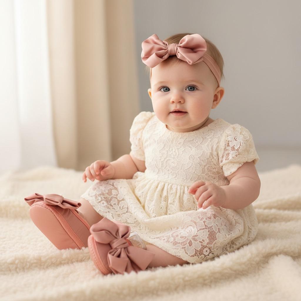 Baby in a cream lace dress with a dusty rose satin bow headband and matching rose bow booties with soles