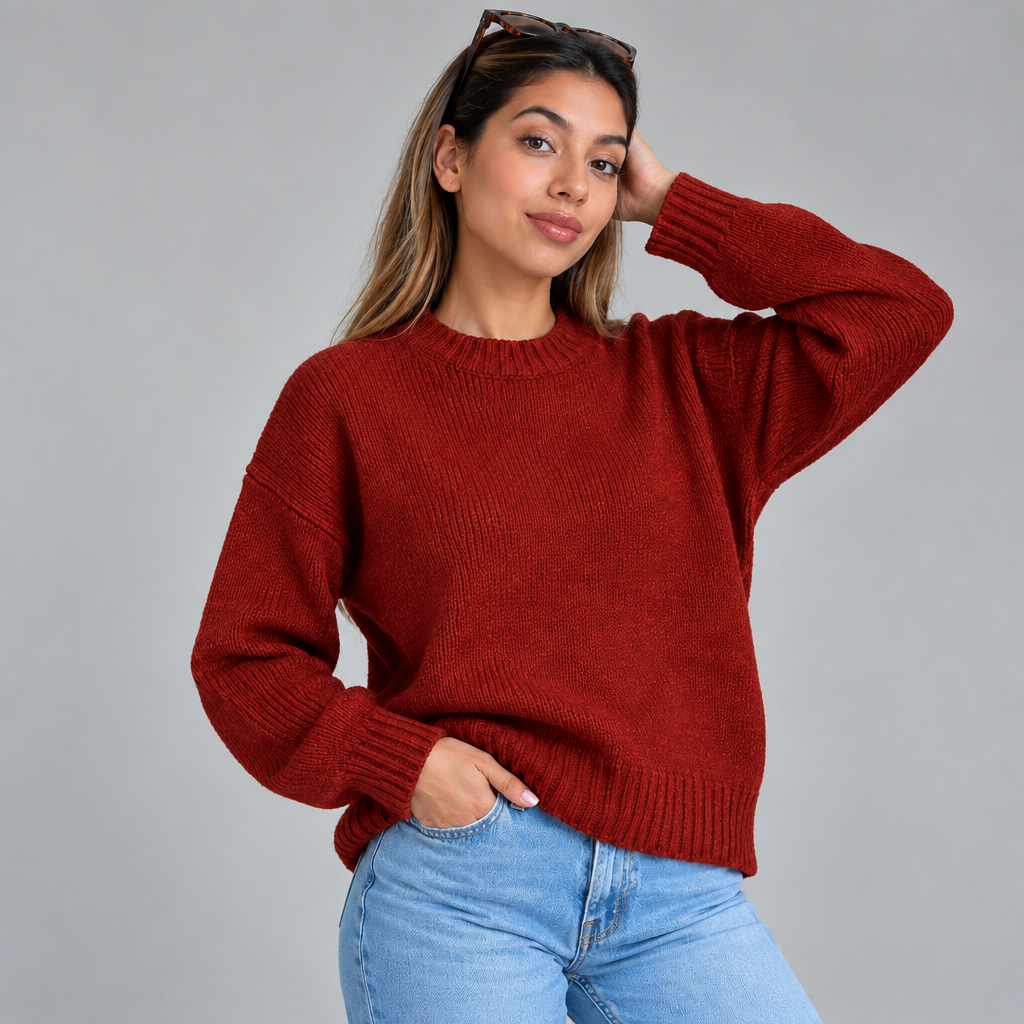 Woman in a rust red chunky wool knit sweater and light jeans with sunglasses on her head, hand in her pocket