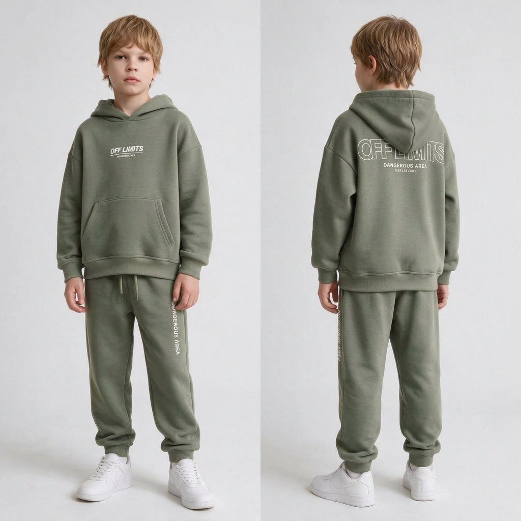Boy shown front and back in a sage green hoodie set with off limits print