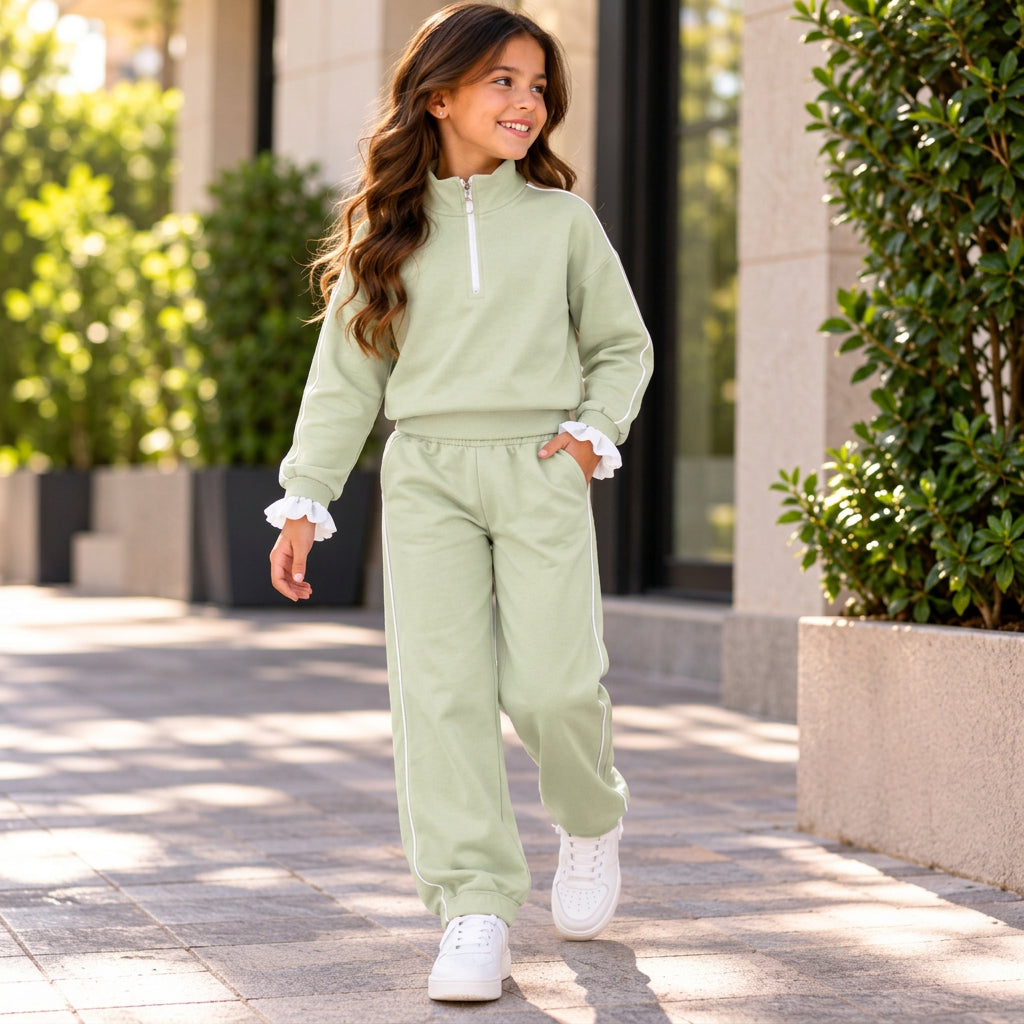 Girl walking in a sage green half zip jogging set with white piping, ruffle cuffs and white sneakers