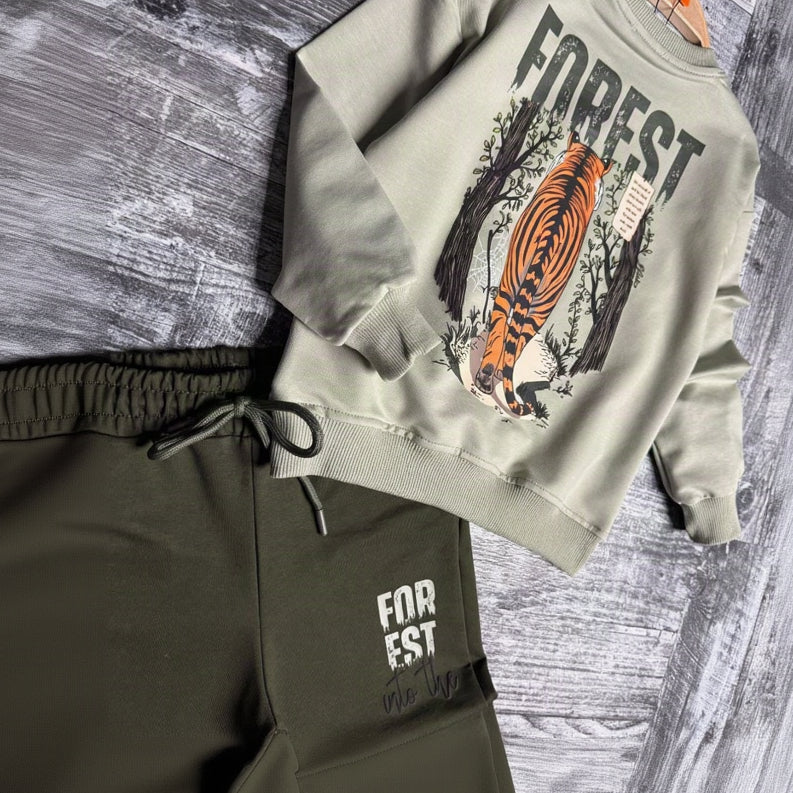 Sage sweatshirt laid flat showing the tiger forest back print