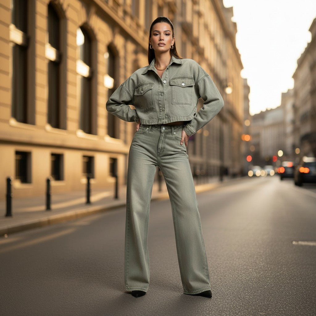 Woman in a green outfit standing on a city street