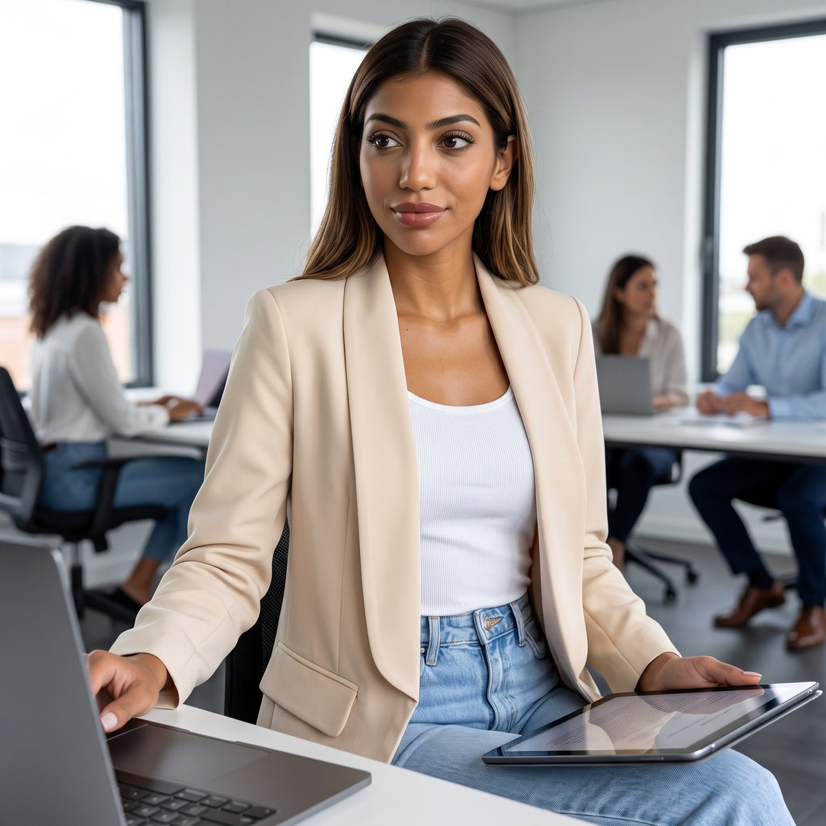 Sand blazer with pushed up sleeves worn over a white top in an office