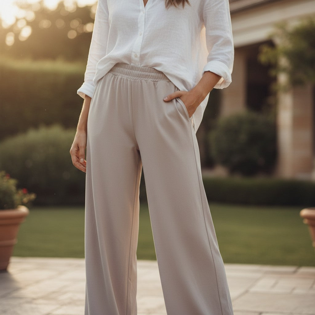 Women's sand beige wide leg pants with elasticated waist, Jack Gifts Online Lebanon