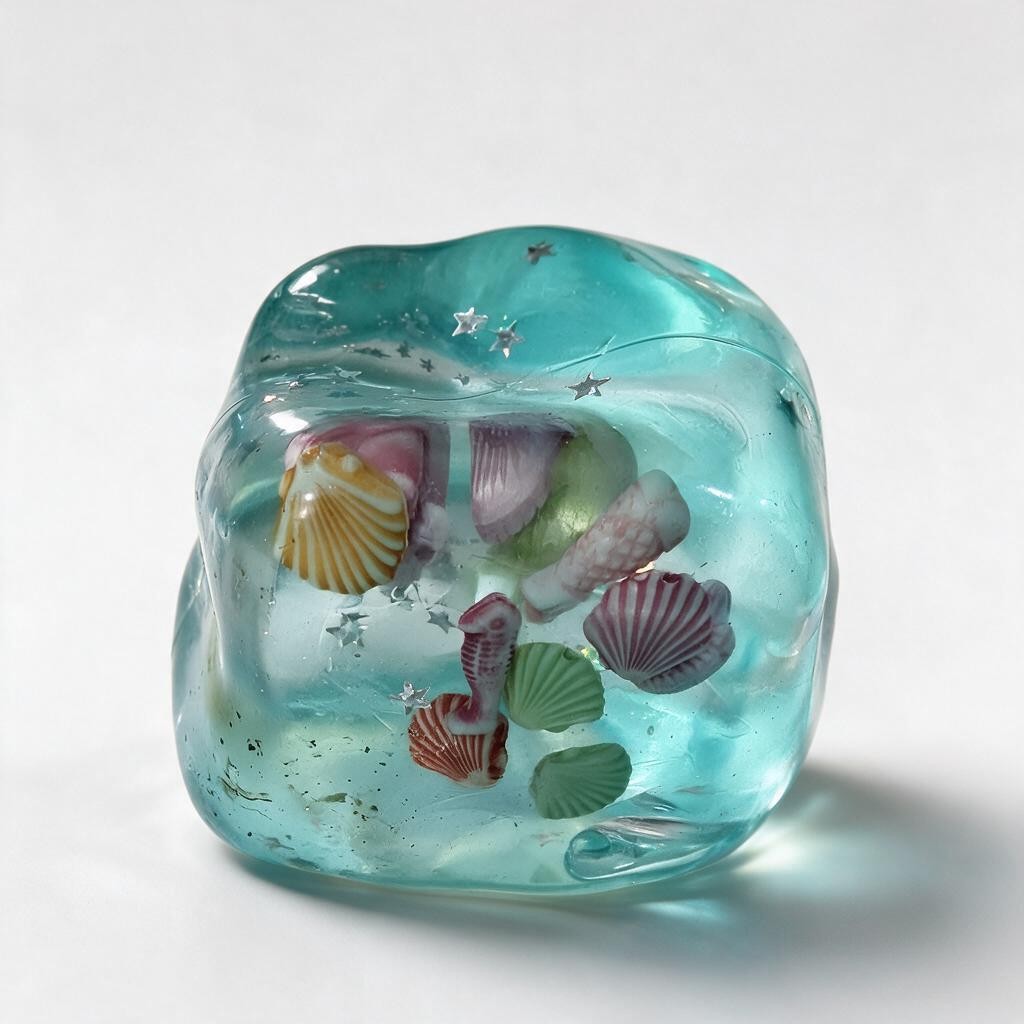 Aqua jelly cube squishy filled with colourful seashells and a little seahorse