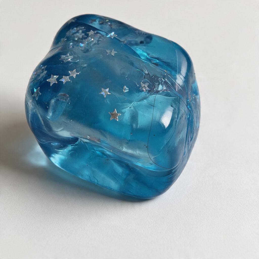 Deep blue jelly cube squishy sprinkled with silver star glitter