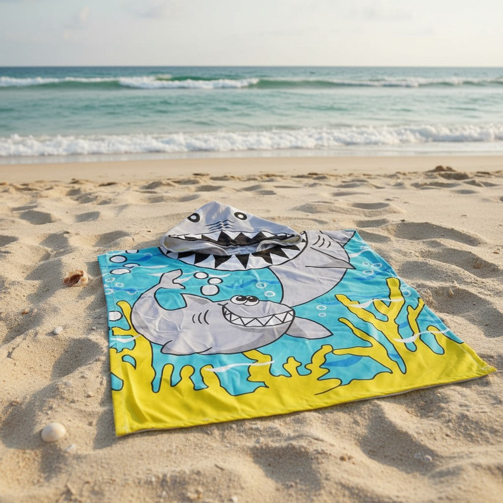 Grey and turquoise shark poncho towel with a toothy shark hood flat lay on sand