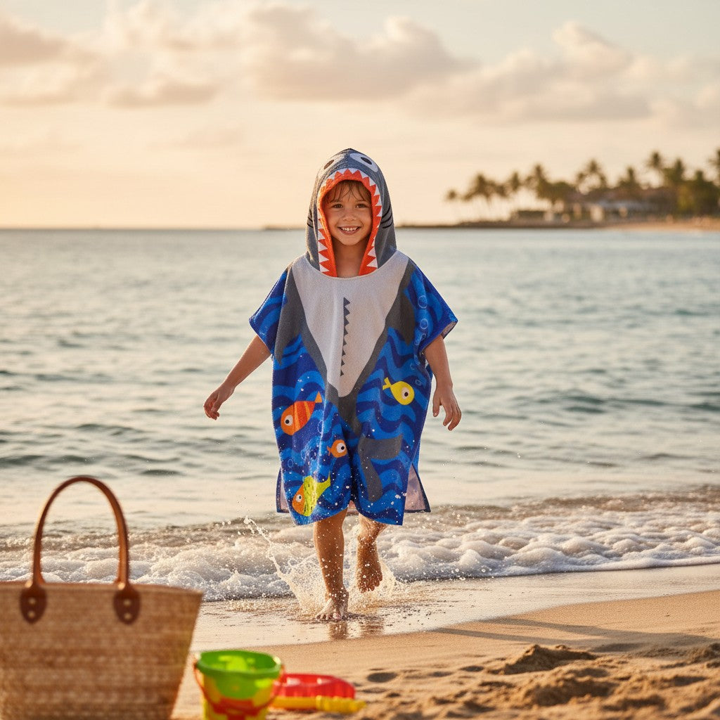 Boy in a shark hooded poncho towel with fish print at the sea – Jack Gifts Online Lebanon