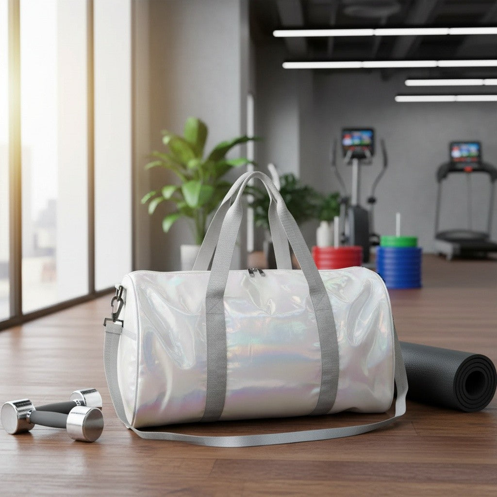 Silver holographic gym duffel bag with grey straps, Jack Gifts Online Lebanon