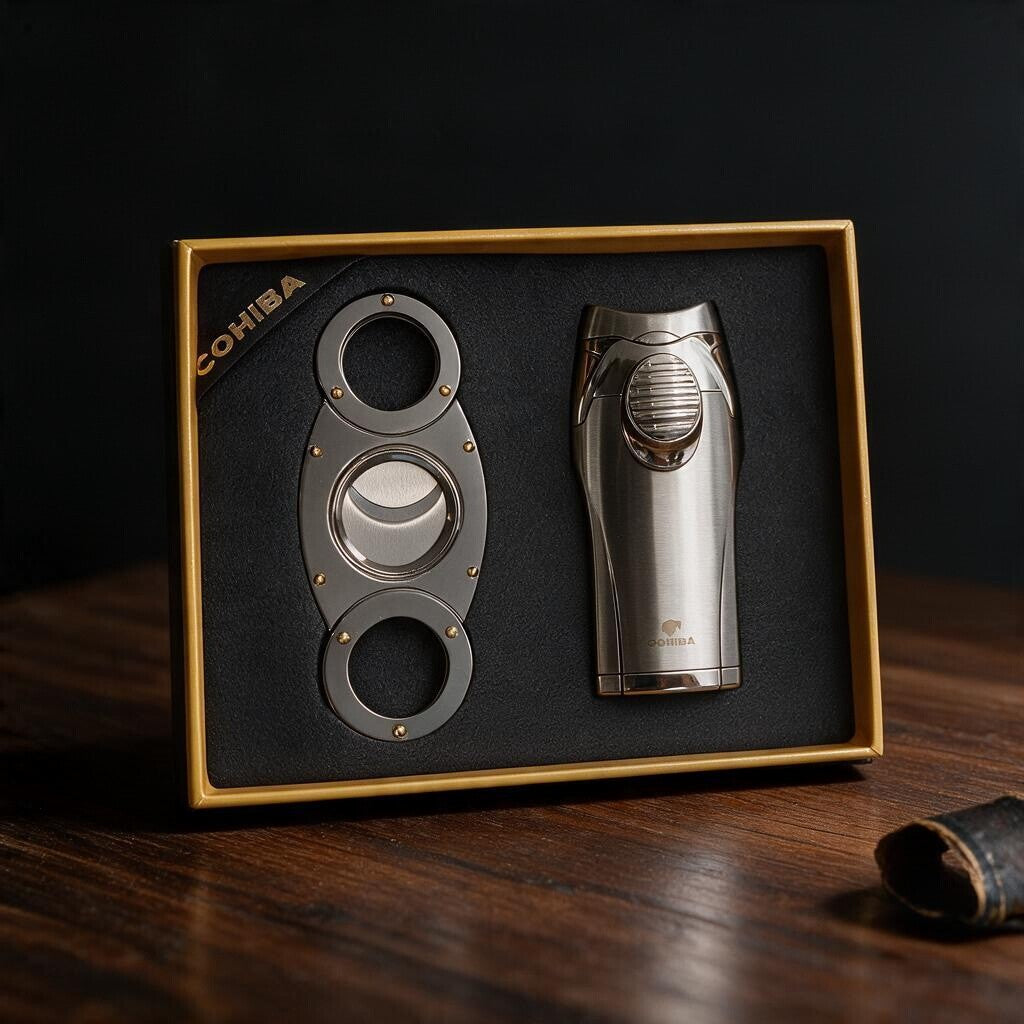 Brushed silver cigar lighter and gunmetal double ring cigar cutter with gold rivets in a gift box