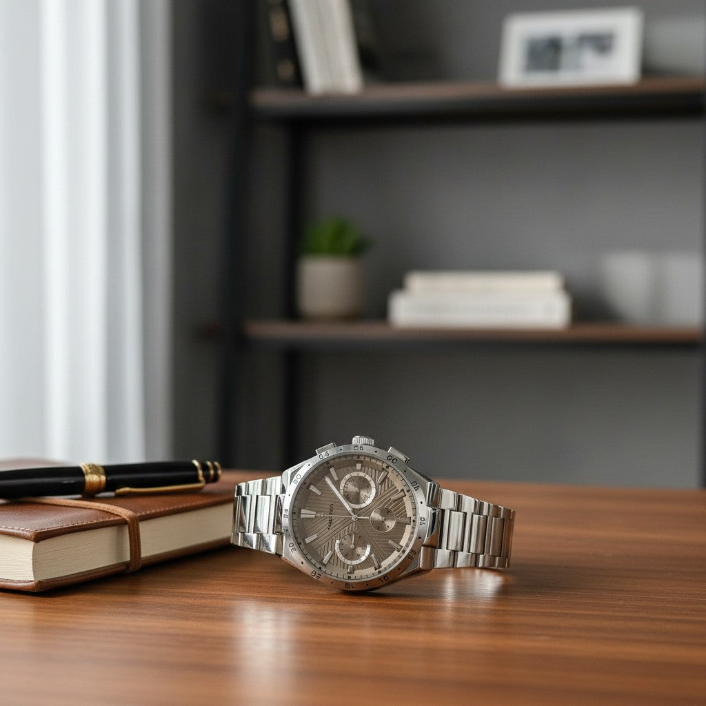Silver stainless steel chronograph watch with textured grey dial
