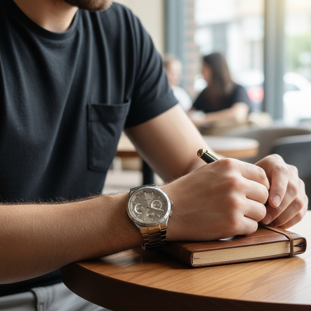 Men's silver steel chronograph watch worn on the wrist, Jack Gifts Online Lebanon
