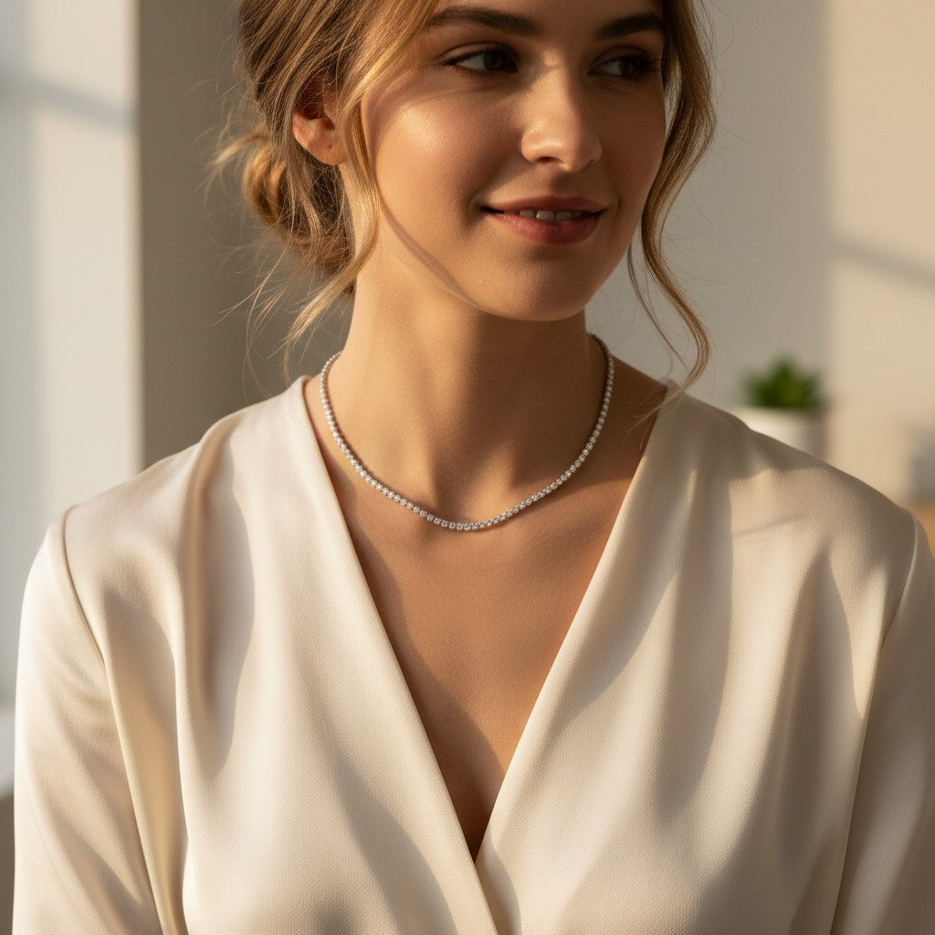 Woman wearing a silver tennis choker in a softly lit setting