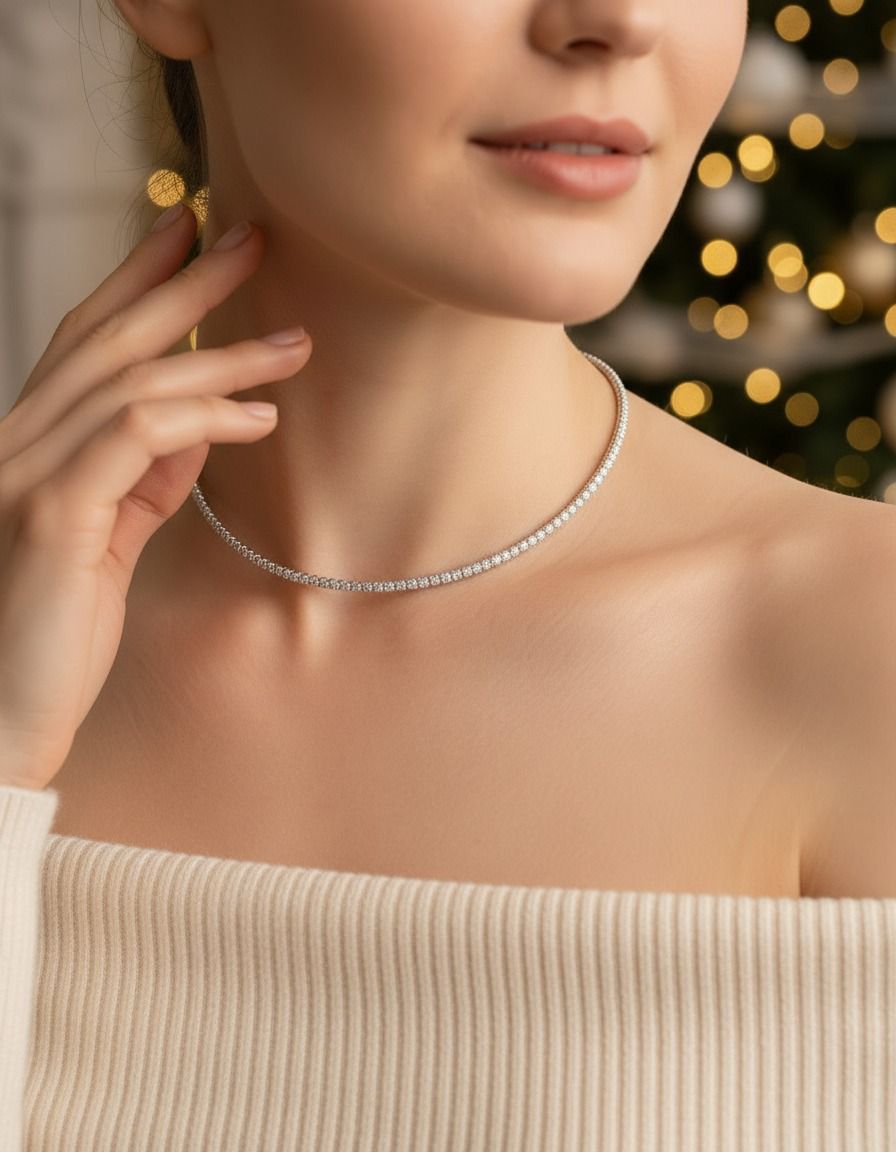 Woman wearing a silver necklace with blurred lights in the background