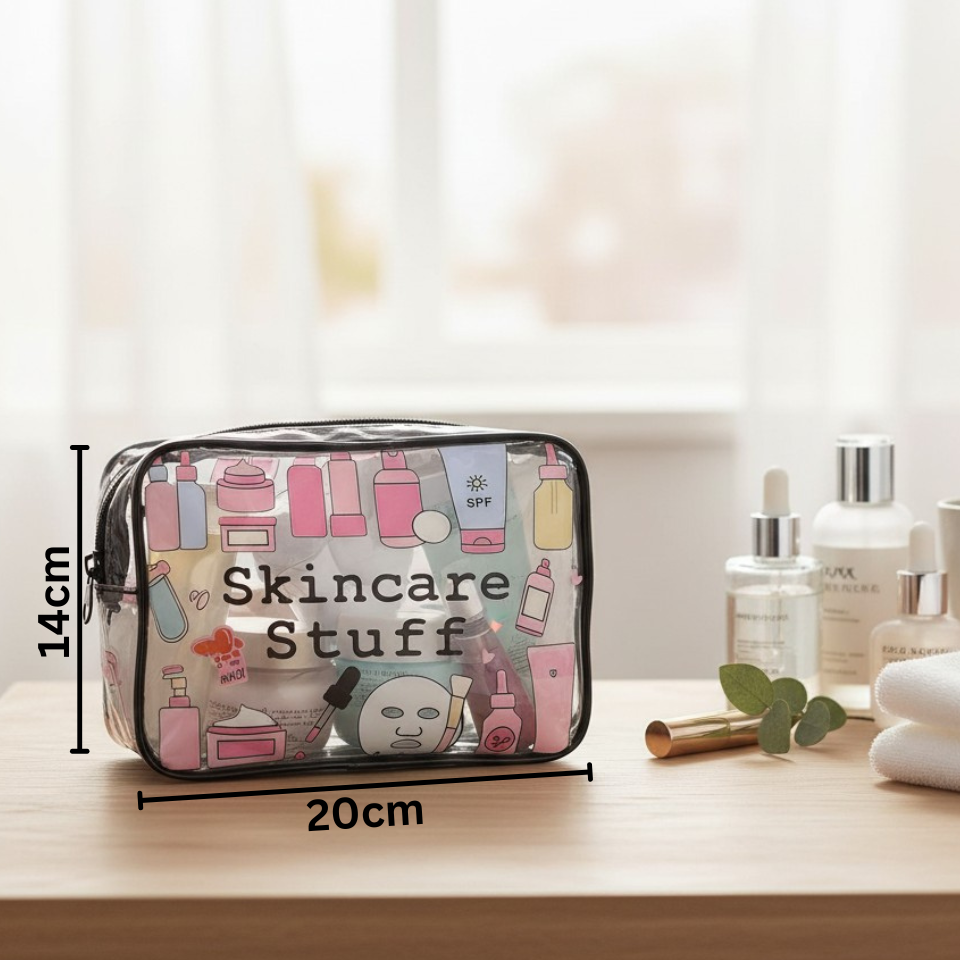 Transparent cosmetic bag with skincare illustrations on a wooden surface with measurements and products around.