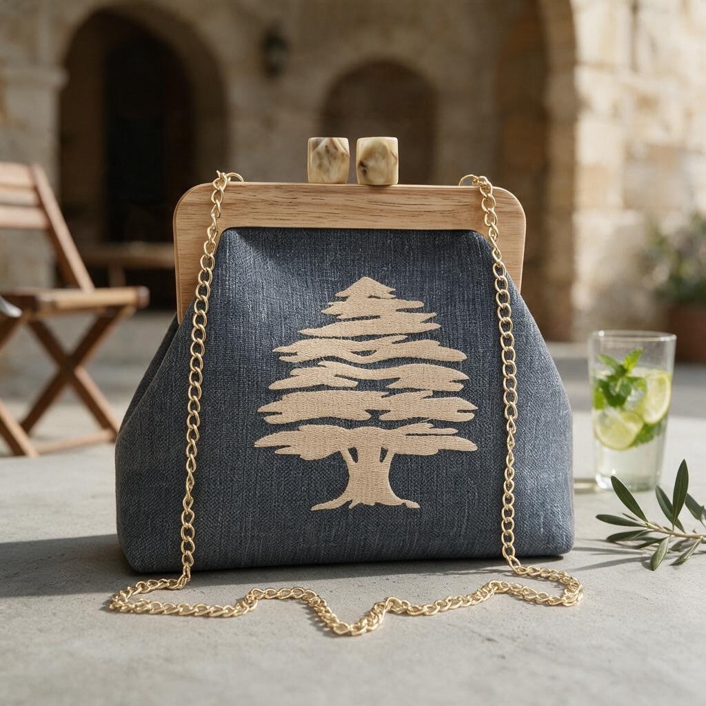Slate blue clutch with an embroidered cedar and wooden frame beside a glass of lemonade in a stone courtyard