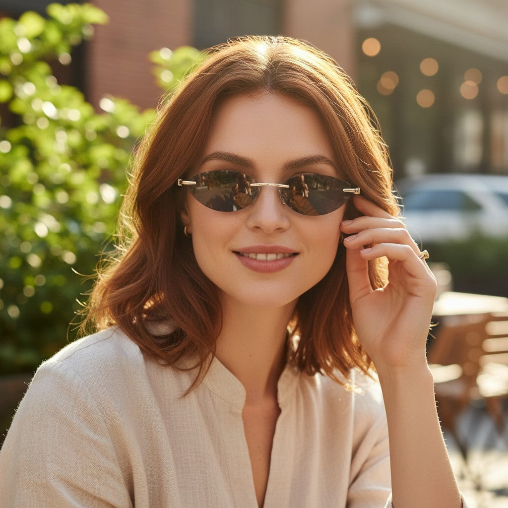 Womens slim rimless sunglasses with dark smoke lenses and fine gold temples, Jack Gifts Online Lebanon