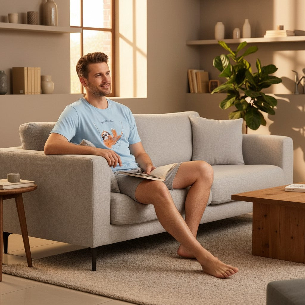 Sloth print pyjama set worn relaxing on a sofa in a warm living room